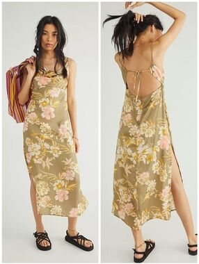 Free People Ella Green Floral Print Cowl Neck Open Back Satin Slit Midi Dress